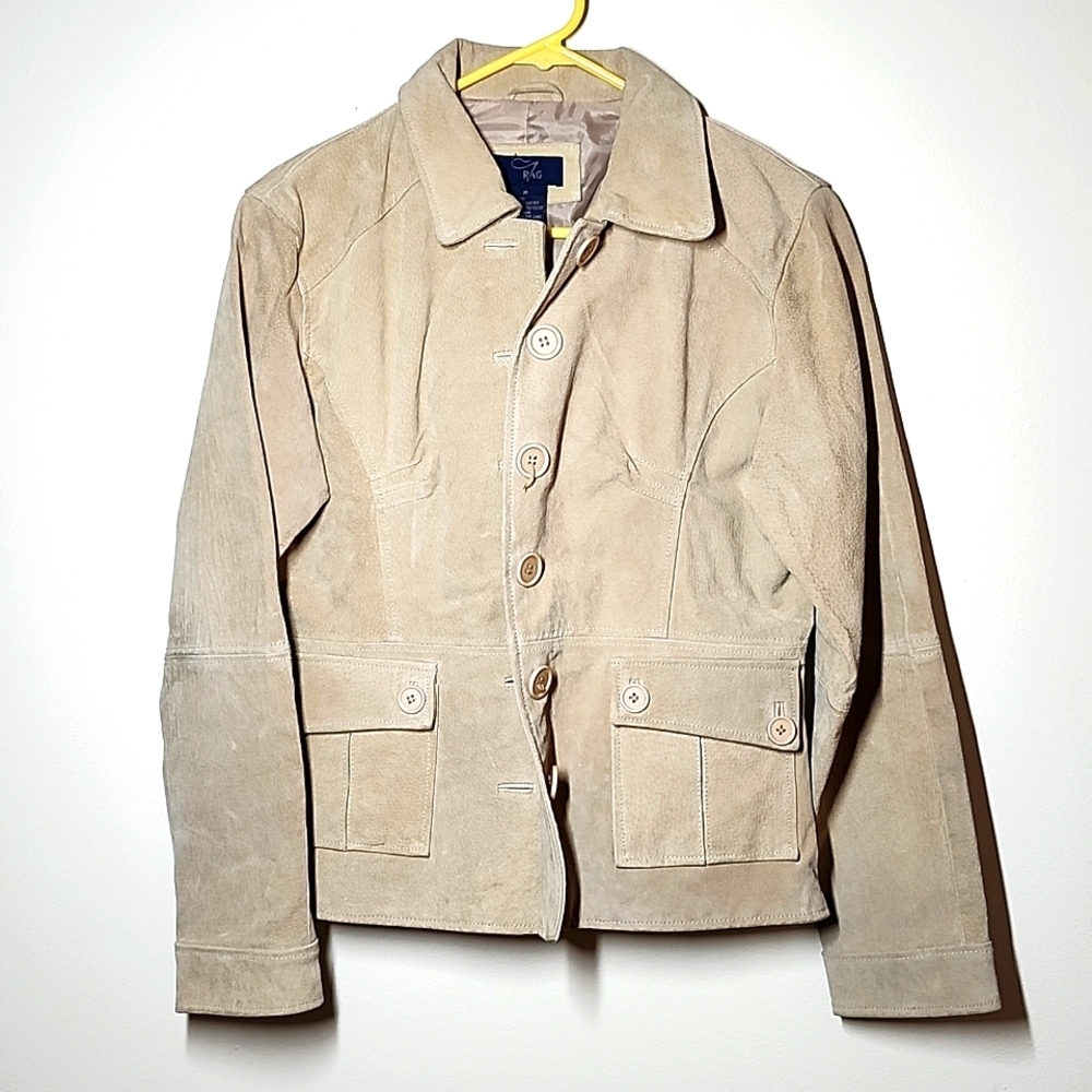 Rag 100% Leather Jacket Neutral Cream Front Button Entry Pockets Medium